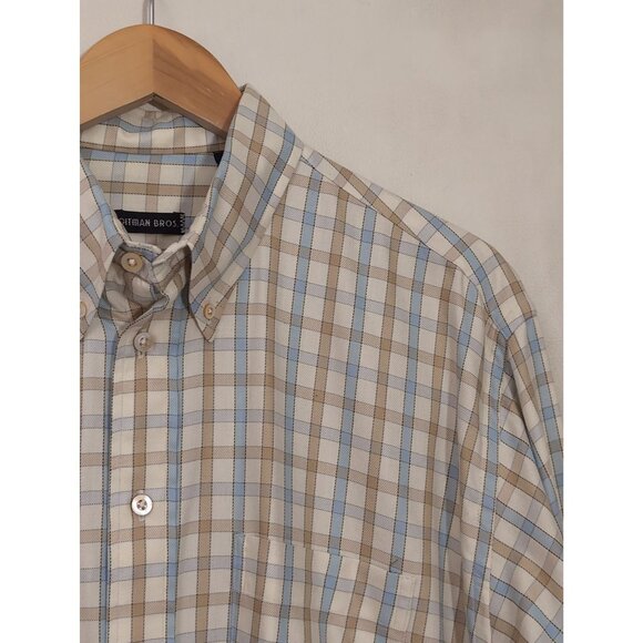 Gitman Bros Button Down Shirt Mens L Beige Blue Check Business Casual - Picture 3 of 9